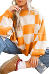 Orange Checkered Bishop Sleeve Sweater-Tops-MomFashion