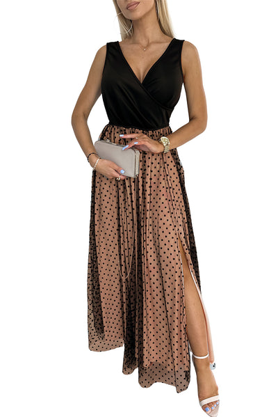 Black Polka Dot Mesh Overlay Sleeveless Maxi Dress-Dresses-MomFashion