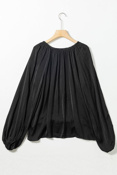 Black Tie V Neck Pleated Puff Sleeve Satin Blouse-Tops-MomFashion