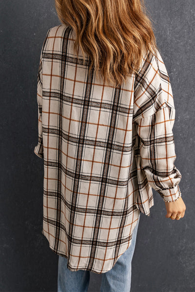 White Oversized Plaid Pattern Shacket with Slits-Outerwear-MomFashion