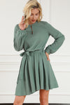 Jungle Green Button Neck Puff Sleeve Belted Pleated Mini Dress-Dresses-MomFashion