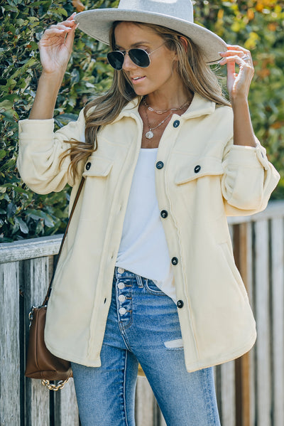 Beige Turn Down Collar Buttoned Shirt Jacket-Outerwear-MomFashion