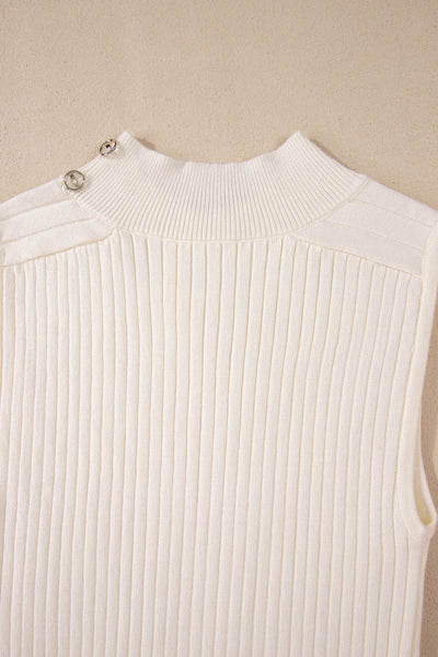 White Ribbed Knit High Neck Sweater Vest-Sweaters & Cardigans/Sweater Vests-MomFashion