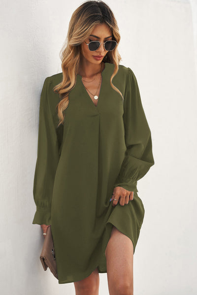 Green Split V Neck Ruffled Sleeves Shirt Dress-Dresses-MomFashion