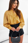 Yellow Puff Sleeve Pleated Loose Shirt-Tops-MomFashion