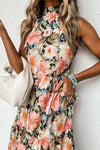 Black Boho Floral Print Knotted Halter Ruffled Maxi Dress-Dresses-MomFashion