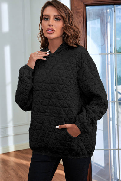 Black Solid Color Quilted Kangaroo Pocket Hoodie-Tops-MomFashion