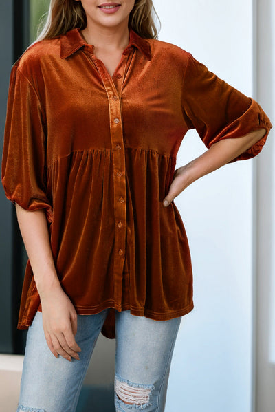 Chestnut 3/4 Sleeve Tunic Babydoll Velvet Shirt-Tops-MomFashion