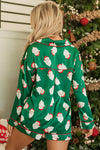 Green Christmas Santa Claus Print Satin Shirt and Shorts Set-Loungewear & Sleepwear/Sleepwear-MomFashion