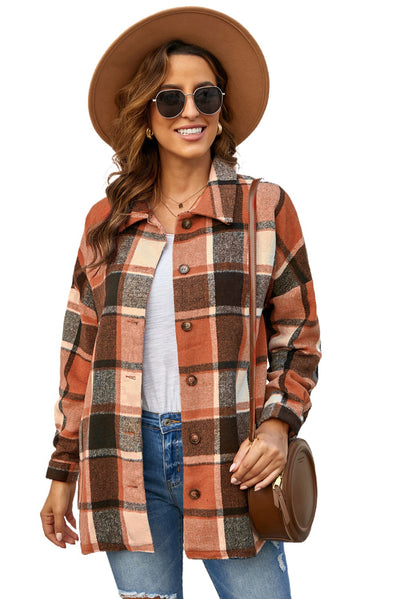 Orange Plaid Print Buttoned Shirt Jacket-Outerwear-MomFashion