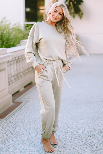 Beige Long Sleeve Top and Drawstring Pants Lounge Outfit-Loungewear-MomFashion