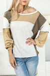 Khaki Exposed Seam Color Block Patchwork Top-Tops-MomFashion