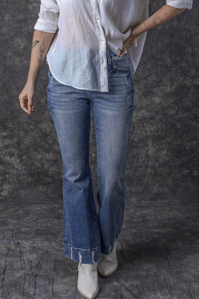 Sky Blue Slight Distressed Medium Wash Flare Jeans-Bottoms-MomFashion