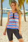 Stripe Floral Print Racerback Tankini Swimsuit-Swimwear-MomFashion