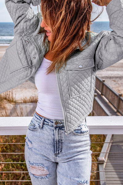 Gray Quilted Pocketed Zip-up Cropped Jacket-Outerwear-MomFashion