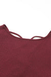 Burgundy Sequin Patchwork Sleeve Open Back Waffle Knit Top-Tops-MomFashion