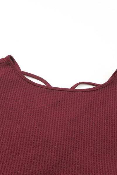 Burgundy Sequin Patchwork Sleeve Open Back Waffle Knit Top-Tops-MomFashion