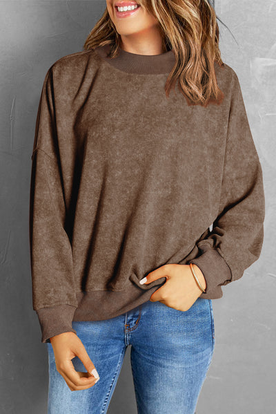 Brown Drop Shoulder Crew Neck Pullover Sweatshirt-Tops-MomFashion