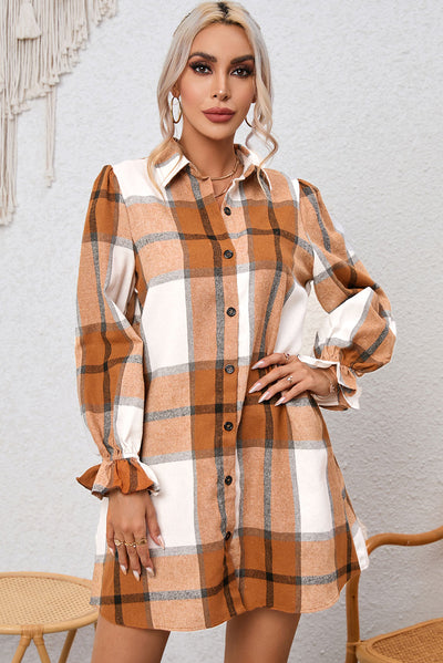 Khaki Plaid Pattern Collared Neck Ruffled Sleeve Shirt Dress-Dresses-MomFashion