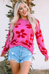 Rose Big Flower Knit Ribbed Trim Sweater-Tops-MomFashion