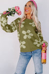 Spinach Green Big Flower Knit Ribbed Trim Sweater-Tops-MomFashion