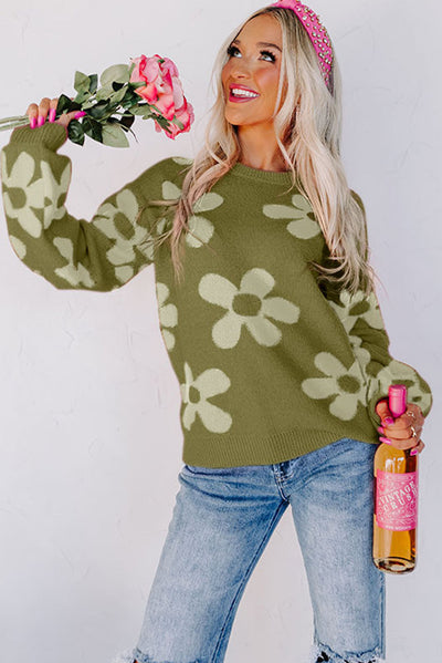 Spinach Green Big Flower Knit Ribbed Trim Sweater-Tops-MomFashion