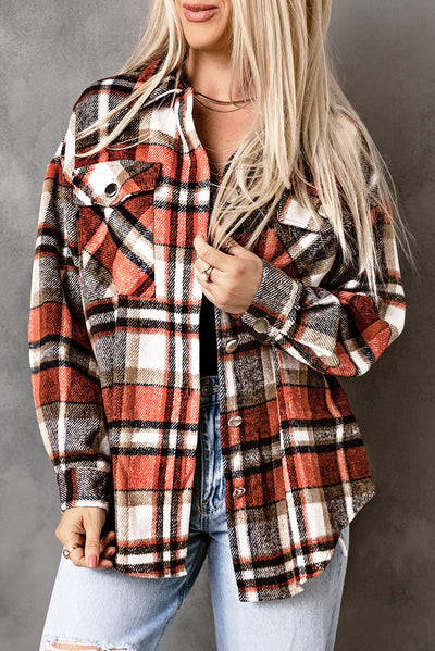 Orange Chest Pockets Flannel Plaid Shacket-Outerwear-MomFashion