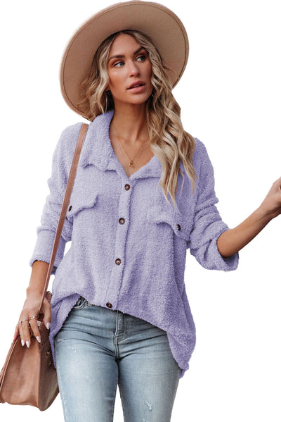 Purple Plush Button Down Pocketed Shirt Jacket-Outerwear-MomFashion