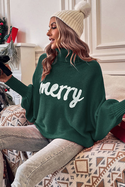 Blackish Green Merry Letter Embroidered High Neck Sweater-Tops-MomFashion