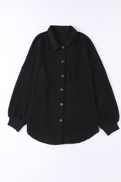 Black Waffle Knit Button Up Casual Shirt-Tops-MomFashion