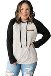 Black Striped Raglan Sleeve Buttoned Pocket Plus Size Hoodie-Plus Size-MomFashion