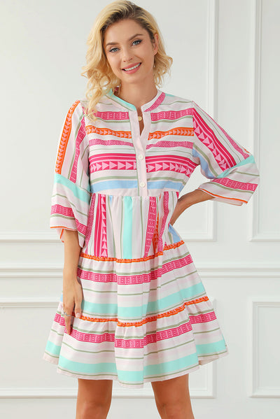 Multicolour Boho Geometric Print Bracelet Sleeve Buttoned Mini Dress-Dresses-MomFashion