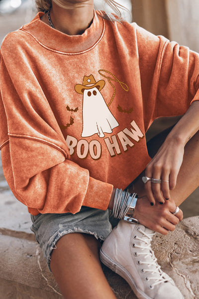 Orange BOO HAW Ghost Halloween Print Drop Sleeve Sweatshirt-Graphic-MomFashion