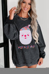 Black Sequin HO HO HO Santa Claus Graphic Corded Sweatshirt-Graphic-MomFashion