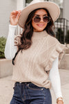 Parchment Cable Knit Mock Neck Cap Sleeve Sweater-Tops-MomFashion