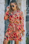 Red Frilled Collar Long Sleeve Floral Dress with Ruffle-Dresses-MomFashion