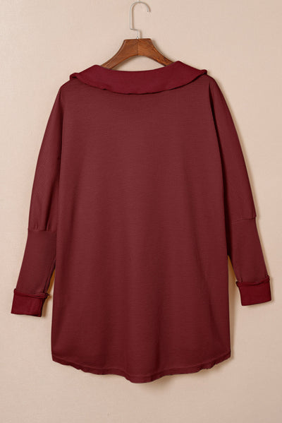 Red Waffle Knit Buttoned Long Sleeve Top-Tops-MomFashion