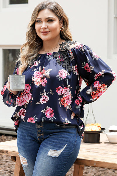 Navy Blue Plus Size Crochet Detail Cold shoulder Floral Blouse-Plus Size-MomFashion