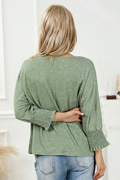 Green Smocked 3/4 Sleeve Casual Loose Top-Tops-MomFashion