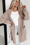 Apricot Ribbed Trim Eyelet Cable Knit Cardigan-Tops-MomFashion