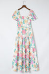 Multicolor Square Neck Puff Sleeve Tiered Floral Maxi Dress-Dresses-MomFashion