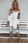 White Sequin Patchwork Bell Sleeve V Neck Tunic Top-Tops-MomFashion