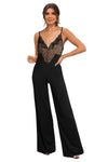 Black Lace V Neck Bodice Spaghetti Straps Wide Leg Jumpsuit-Bottoms-MomFashion