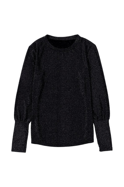 Black Glitter Round Neck Long Sleeve Top-Tops-MomFashion