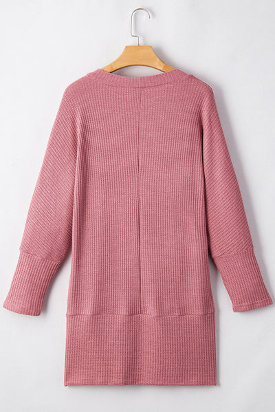 Mineral Red Solid Color Waffle Knit Cardigan with Pocket-Sweaters & Cardigans/Cardigans-MomFashion