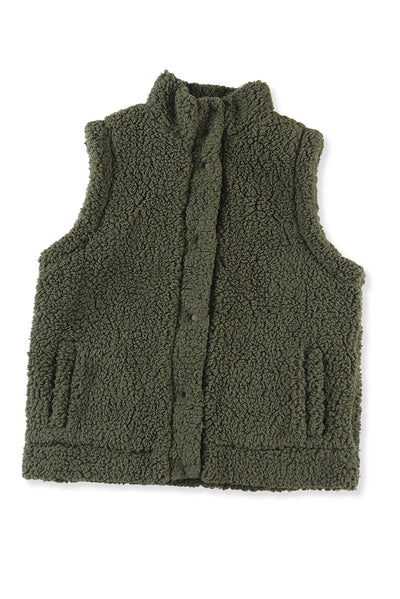 Green Snap Button Pocketed Sherpa Vest Jacket-Outerwear-MomFashion