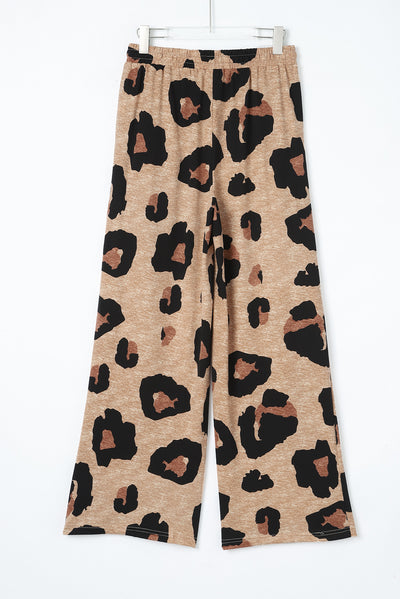 Leopard Drawstring Wide Leg Casual Pants-Bottoms-MomFashion