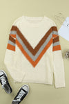 Beige Chevron Striped Drop Shoulder Sweater-Tops-MomFashion