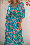 Green Boho Deep V Neck Floral Maxi Dress-Dresses-MomFashion