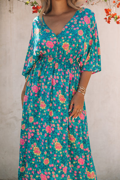 Green Boho Deep V Neck Floral Maxi Dress-Dresses-MomFashion